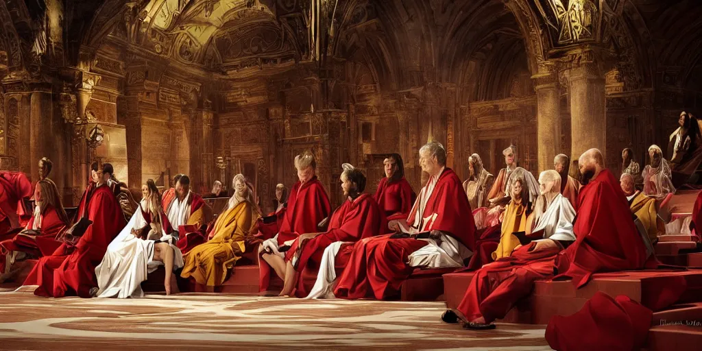 Image similar to ancient senators in royal crimson and white robes sit in tribunes, highly detailed, beautiful cinematic light deep focus, elegant, digital painting, smooth, sharp focus, golden ratio, dramatic illumination, art by aleksi briclot, rutkowski and caravaggio