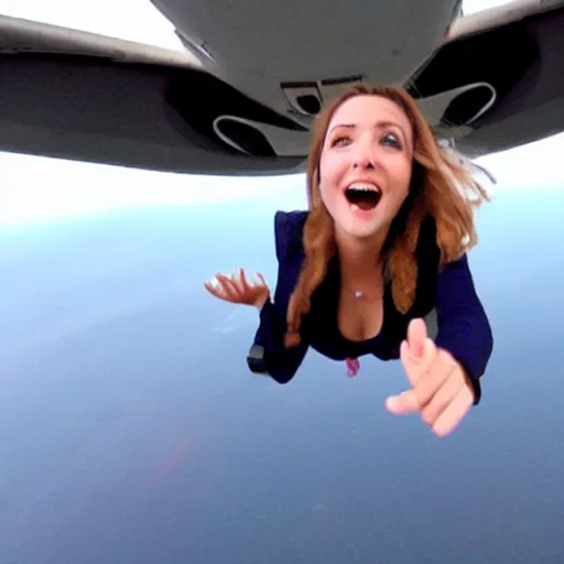 Prompt: photo, young woman, falling from plane, scared face, camera view from beneath the person