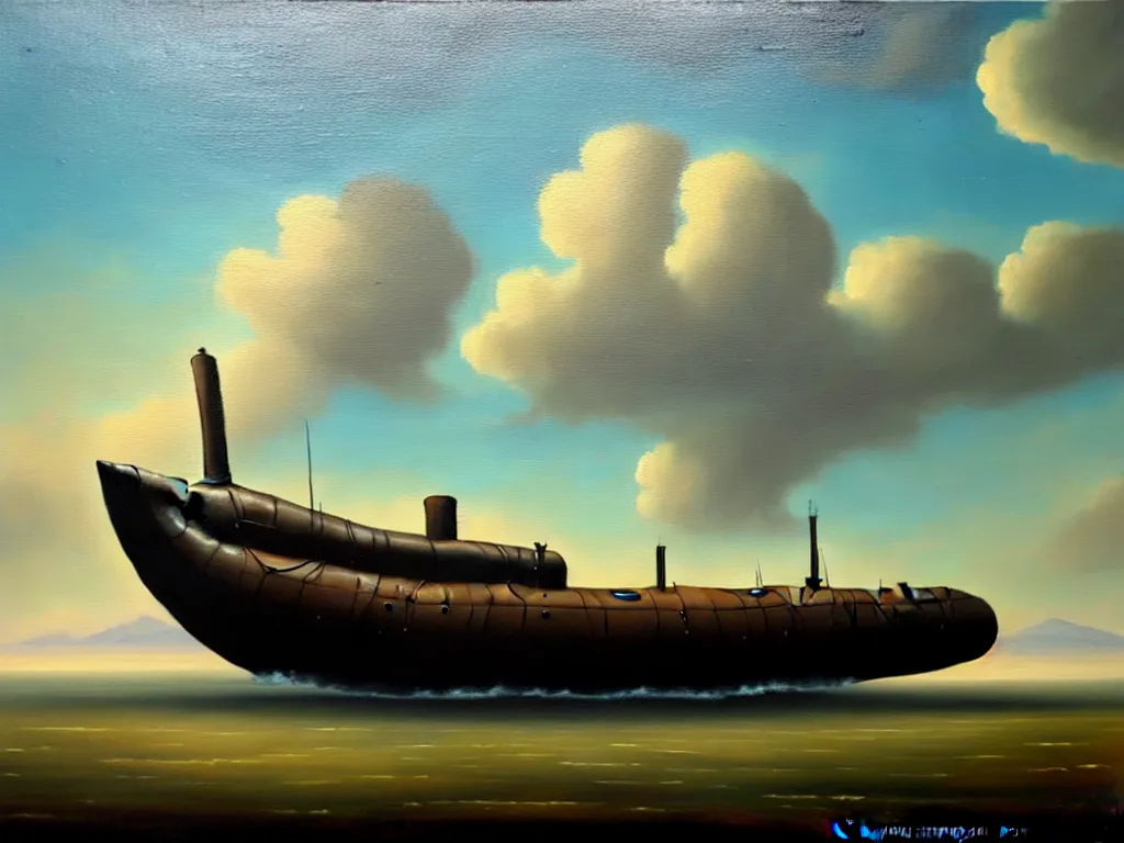 Prompt: an old oil painting of a gothic submarine in a great steppe, trending on artstation