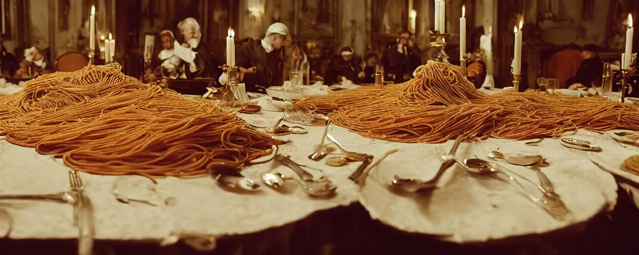 Prompt: a long banquet table covered in spaghetti, victorian era, ravenous guests, canon 5 0 mm, cinematic lighting, photography, retro, film, kodachrome, closeup