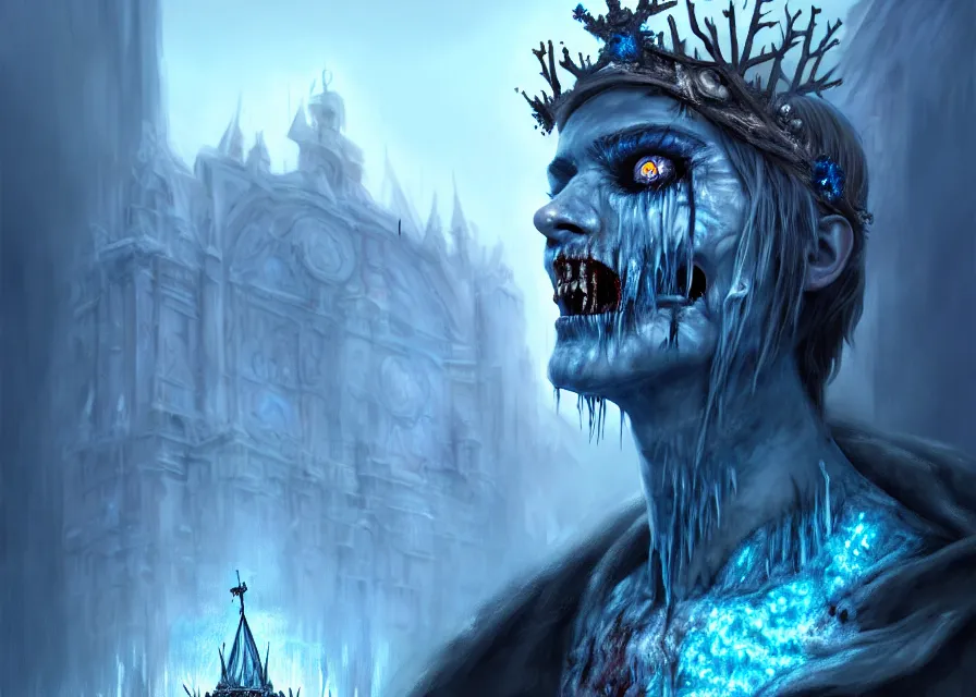 Image similar to frozen zombie man with a crown, eyes glow blue, broken ship in the background, is at dawn and bluish, fantasy, intricate, elegant, highly detailed, digital painting, artstation, concept art, matte, sharp focus, illustration, art by aenaluck and roberto ferri and greg rutkowski, epic fantasy, digital painting