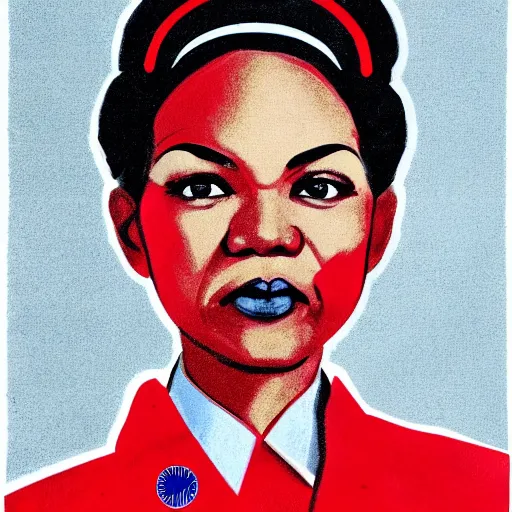 Prompt: candace owens, authoritarian, portrait, Mao Zedong propaganda, WWII propaganda, red white and blue