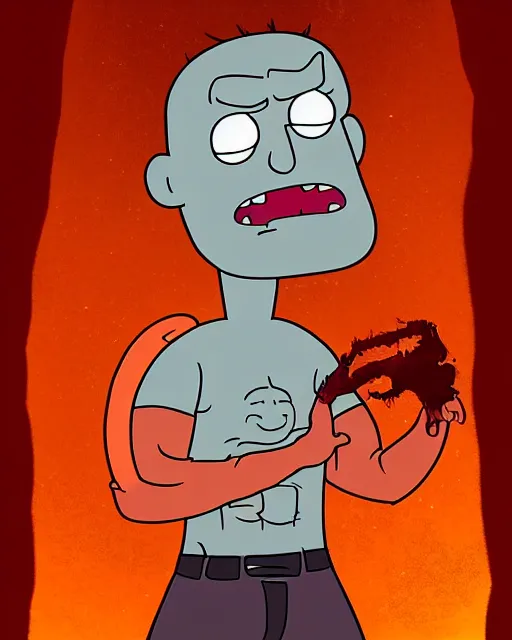 Image similar to portrait of dwayne johnson in the style of justin roiland. ugly, creepy, demonic, horror. cinematic lighting. style of rick & morty. photographic, photography. by justin roiland