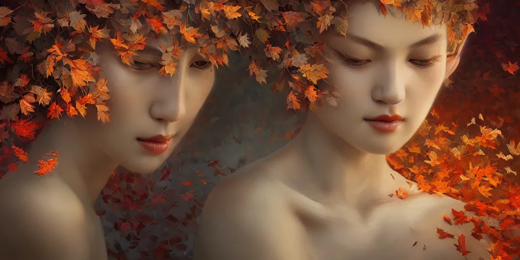 Prompt: breathtaking detailed concept art painting art deco pattern of curly short hair blonde goddesses faces amalgamation autumn leaves, by hsiao - ron cheng and volegov, bizarre compositions, exquisite detail, extremely moody lighting, 8 k