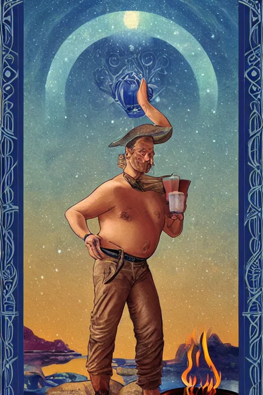 Prompt: an ethereal tarot card painting of a shirtles sly cowboy with a chubby build and beer belly hunched over | background is a serene campfire | tin cans and jugs of whisky | tarot card, art deco, art nouveau | by Mark Maggiori | trending on artstation