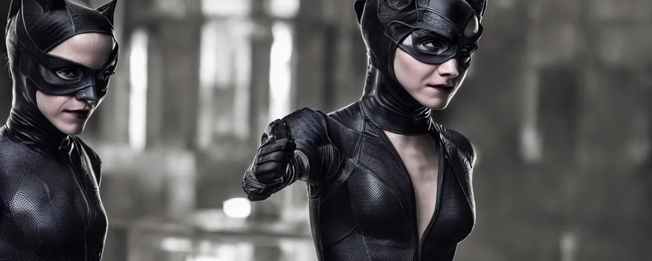 Prompt: Emma Watson as catwoman, movie scene, 8k wallpaper, XF IQ4, 50mm, F1.4, studio lighting, professional, 8K, Look at all that detail!, Dolby Vision, UHD