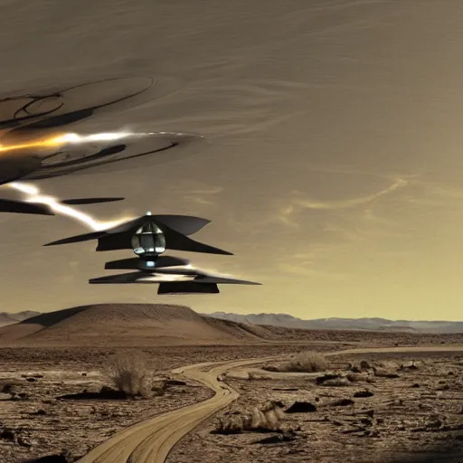 Image similar to president eisenhower going to ufo in the desert, concept art