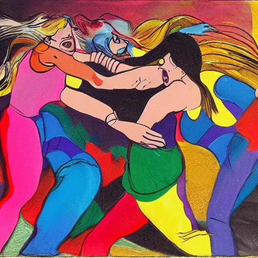 Image similar to angry women fight each other, vivid colors, high detail,