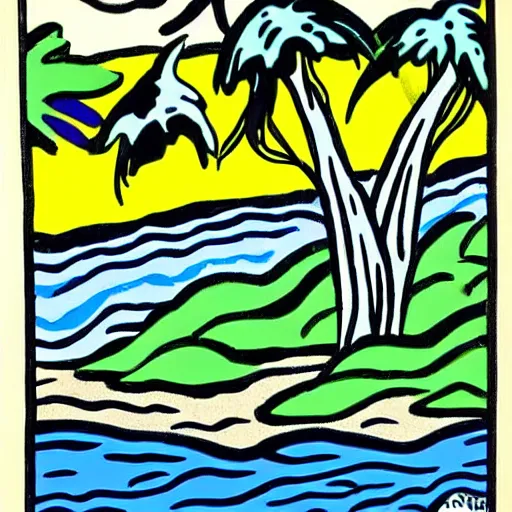 Image similar to painting of a lush natural scene on an alien planet by roy lichtenstein. beautiful landscape. weird vegetation. cliffs and water.