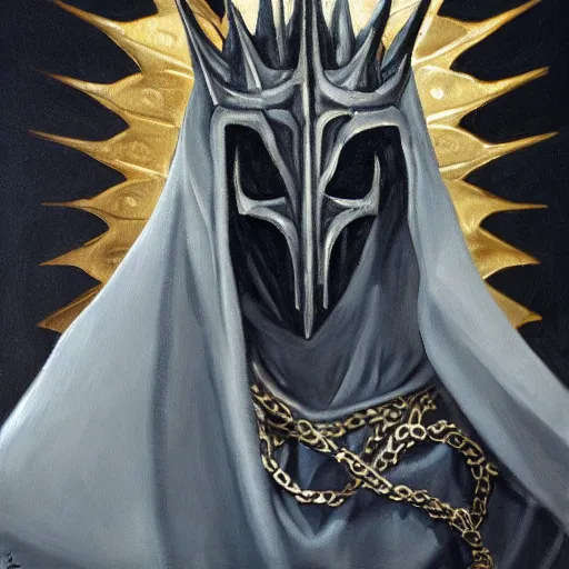 Prompt: an oil painting depicting the Witch King of Angmar, holding gold chains, portrait, high detail, painted my michelangelo, trending on artstation