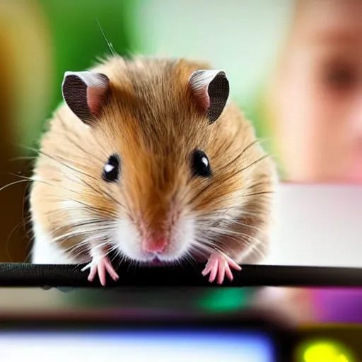 Prompt: hamster playing computer. hamster in gaming headphones. hamster sitting on gaming chair. beside view.