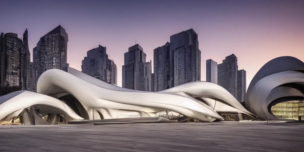 Image similar to extremely elegant smooth detailed stunning sophisticated beautiful elegant futuristic museum exterior by Zaha Hadid, Milan buildings in the background, smooth curvilinear design, stunning volumetric light, stainless steal, concrete, translucent material, beautiful sunset, tail lights