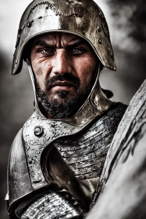 Prompt: beautiful portrait shot of a battle scared man based in medieval turkey, chrome helmet, detailed features, piercing detailed realistic eyes, nikon z 9, 5 0 mm, uhd