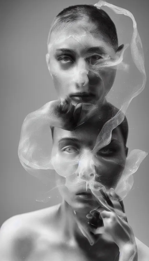 Prompt: FujiFilm X-T3 + XF50-140mm f/1.4 photograph of Arca emerging from fog, Arca mechanical limbs, Arca opal flesh, Arca face portrait with translucent aerogel skin