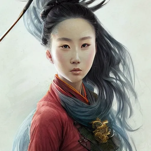 Image similar to A portrait of An beautiful!!! ancient Chinese female swordsman by Ross Tran!!! and Zhang Daqian!! and greg rutkowski! and Zdzisław Beksiński! and Ruoxin Zhang!!!,In style of digital art illustration.Symmetry.Highly detailed face.Fantasy,smooth,hyper detailed,sharp focus,Soft light.trending on artstation.