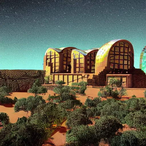 Prompt: utopian arcosanti monastery visualization in the style of chris foss