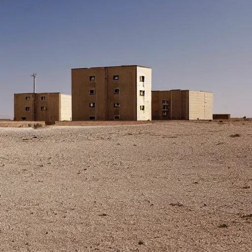 Prompt: A soviet-era residential block standing in the middle of an empty desert, sunny weather