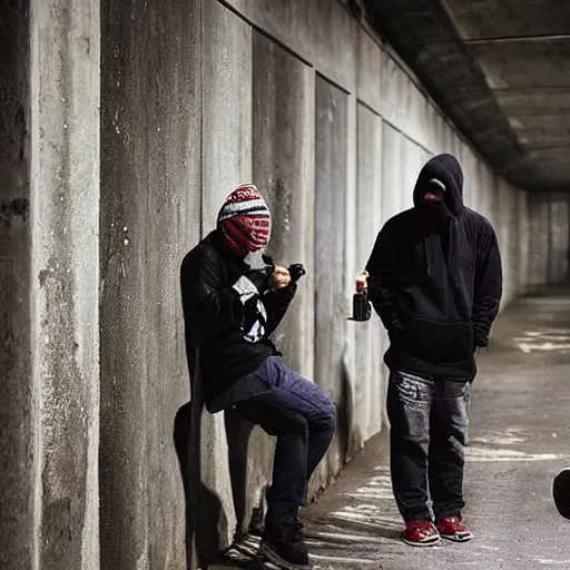 Prompt: two thugs smoking and drinking cans of beer in a long dark tunnel wearing balaclavas, football hooligans