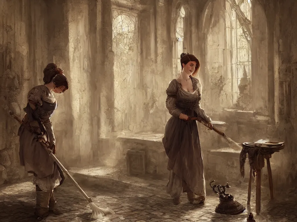Prompt: epic portrait an medieval female maid cleaning the floor with a broom, sunny, beauty, pretty face, sweaty skin, digital painting, artstation, concept art, soft light, hdri, smooth, sharp focus, illustration, fantasy, intricate, elegant, highly detailed, D&D, matte painting, in the style of Greg Rutkowski and Alphonse Mucha and artemisia, 8k, highly detailed, jurgens, rutkowski, bouguereau, pastoral, rustic, georgic, detailed concept art, illustration, colorful pastel, painting, detail, ultra detailed, digital art, 4K,