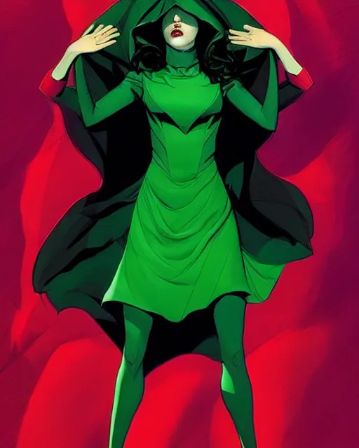 Prompt: Rafeal Albuquerque comic art, Joshua Middleton comic art, cinematics lighting, beautiful Anna Kendrick supervillain, green dress with a black hood, angry, symmetrical face, full body, flying in the air, night time, red mood in background
