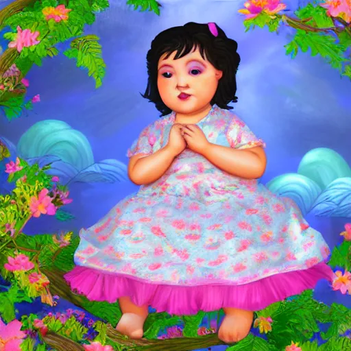 Prompt: spectacular scene of a little fat sweet girl with flowery dress, sitting on a curly branch, by the stormy lake and hugging a colorful fish. clear beautiful fat face. morning time. an amazingly beautiful scene. beautiful lighting, 4 k post - processing, trending in art station, cg society, highly detailed, 5 k extremely detailed, 3 d. stylize scene.