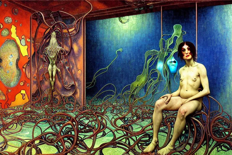 Image similar to realistic extremely detailed portrait painting of a bizarre creature sitting in the corner of an abandoned house, futuristic sci-fi landscape on background by Jean Delville, Amano, Yves Tanguy, Alphonse Mucha, Ernst Haeckel, Edward Robert Hughes, Roger Dean, rich moody colours, blue eyes