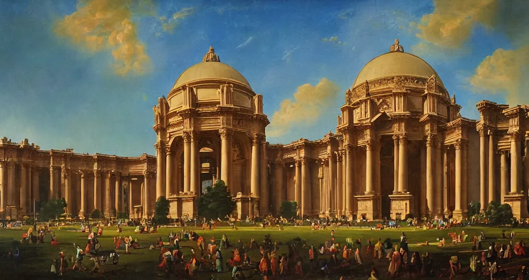 Image similar to the san francisco palace of fine arts during the intergalactic futuristic fair, romantic era painting, majestic