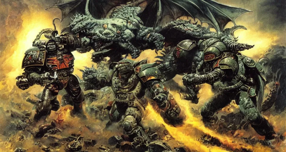 Prompt: space marine taking cover from a dragon breathing acid, action shot by Frazetta