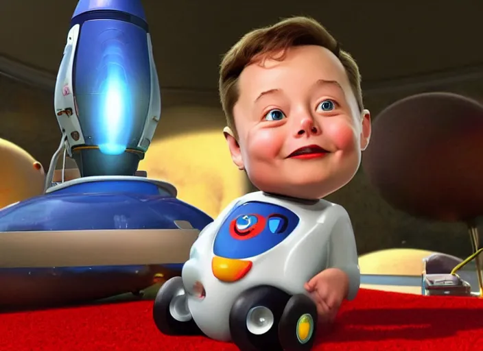 Prompt: elon musk as a toddler playing wirh his space rockets on a fluffy carpet, pixar, cinematic lighting