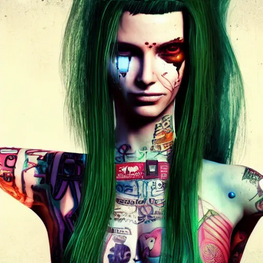 Prompt: Portrait of Robot Girl with long red hair and a tattoo in the style of the game CYBERPUNK 2077 , very beautiful Enga style, the girl is wrapped in color, photorealism