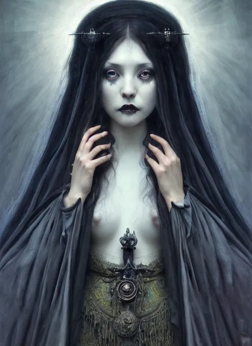 Image similar to masterpiece portrait enchanting gothic witch girl, by artgerm, h. r. giger, edmund leighton, haunting background by zdizslaw beksinski, james jean, elegant ceremonial robe details by gustave klimt, magick, volumetric lighting, porcelain skin, entranced, high detail, hyper photorealism, low angle, trending on artstation 8 k