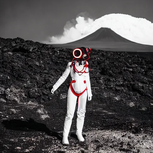 Prompt: A high armored white woman suit with a one red light eye gasmask standing in front of an erupting volcano, professional photography, black and white, cinematic, eerie