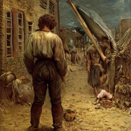 Image similar to jean francois millet as slum neighborhood on lord of the ring, random content position, realistic human face details with, emotion, environment contents detail, incrinate, delete duplicated content, rgb color