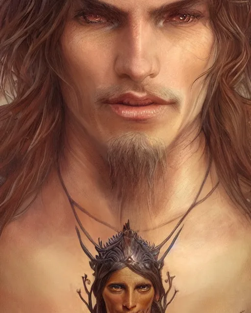 Image similar to elven man, beautiful, long hair, tan skin, closed mouth smile, fantasy, super detailed, very ornate, glow, by greg rutkowski, artgerm, magali villeneuve, alphonse mucha, realistic, symmetrical face, 8 k, sharp focus