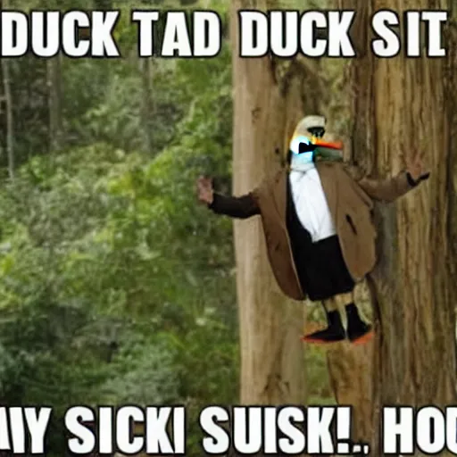 Prompt: duck with a suit standing in a treehouse surrounded by stupid memes