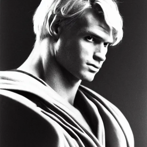 Image similar to portrait of blonde superman with blonde hair he is blinde and thin face lines, his cape is the american flag