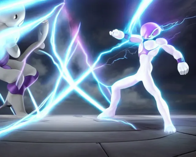 Image similar to mewtwo fighting frieza epic battle, cgi render, lightning, beams of light, wide angle, highly detailed