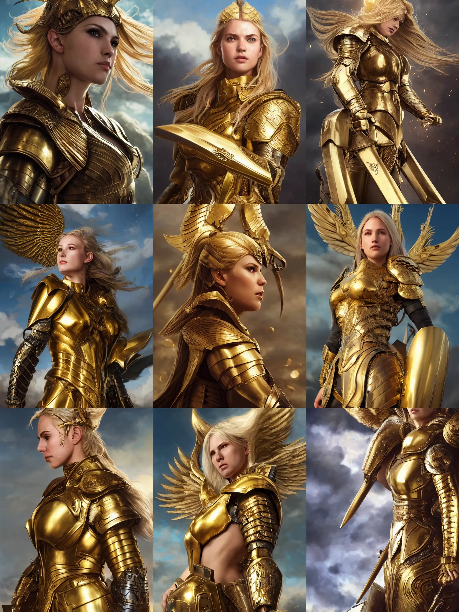 Prompt: portrait of fully armored norse valkyrie, brass plated, symmetric golden wings, divine vibes, light brown hair, white skin, shiny golden eyes, pretty, sky background, sharp focus, highly detailed, cinematic lighting, studio quality, smooth render, unreal engine 5 rendered, octane, rendered, by artgerm, greg rutkowski, alphonse mucha