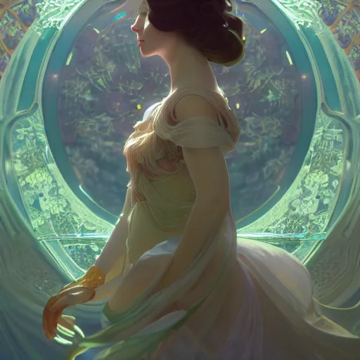 Image similar to female android descending from clouds into enchanted garden, full body portait, ornated jewels, fabricated gown, art by artgerm and alphonse mucha, and ilya kuvshinov and ross tran, art nouveau, octane render, 8 k, cinematic lighting, ultra hi definition