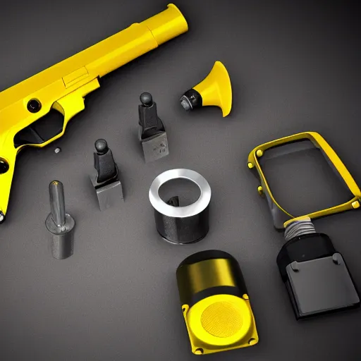 Image similar to black Pistol with yellow hydraulic parts concept art, white background