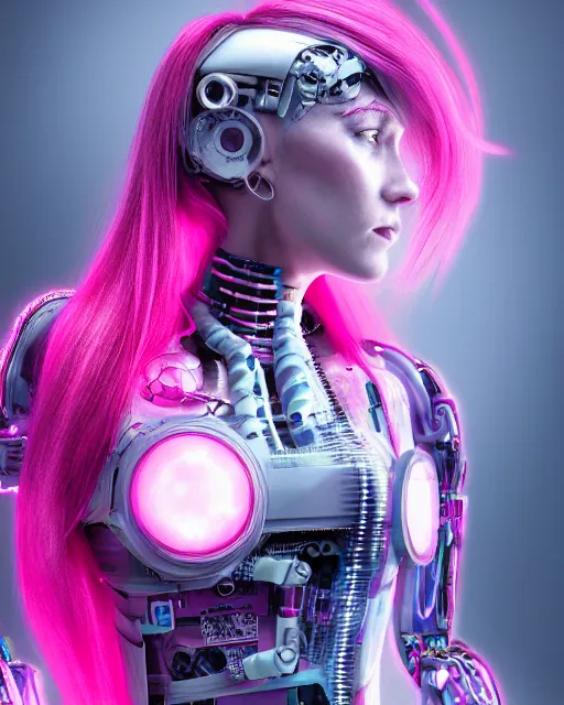 Prompt: portrait of a beautiful american woman with pink hair as a cyberpunk cyborg half robot, revealing wires and electronics, sci - fi, missing panels, intricate abstract upper body intricate artwork, concept art, octane render, deviantart, cinematic, key art, hyperrealism, iridescent accents, portrait photograph, nikon 3 5 mm, photograph by greg rutkowski