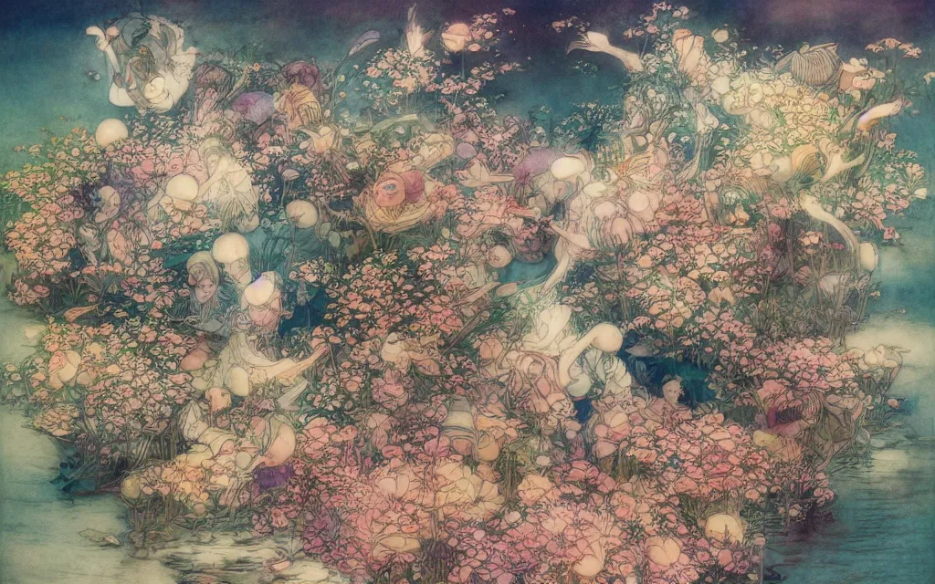 Prompt: a japanese summer festival by the river, brian froud, yoshitaka amano, kim keever, victo ngai, james jean. pastel colors