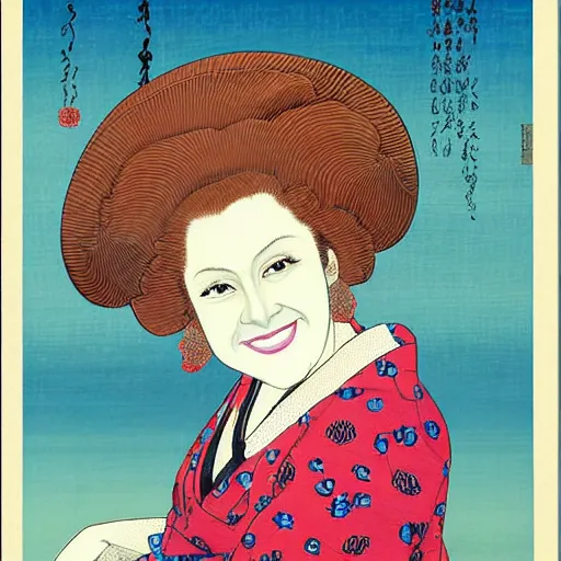 Prompt: very detailed and colorful portrait of bernadette peters smiling, painted in the ukiyo - e style