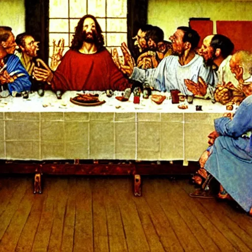 Image similar to the last supper painted by norman rockwell