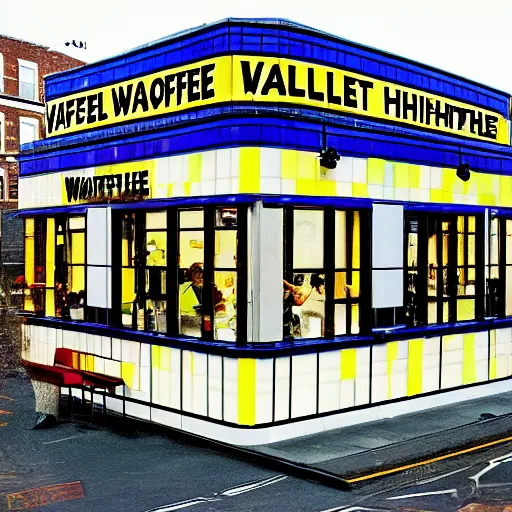 Prompt: waffle house store but the sign says awful waffle by piet mondrian, damien hirst, marcel duchamp, architecture design, detailed