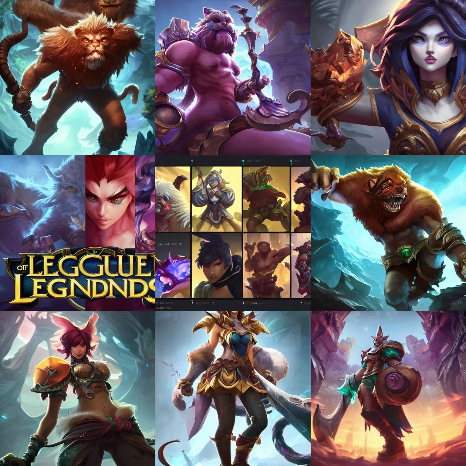 Prompt: league of legends new character, conpect art concept, 8 k, symmetrical portrait, unreal engine, akira the king of the jungle, concept art