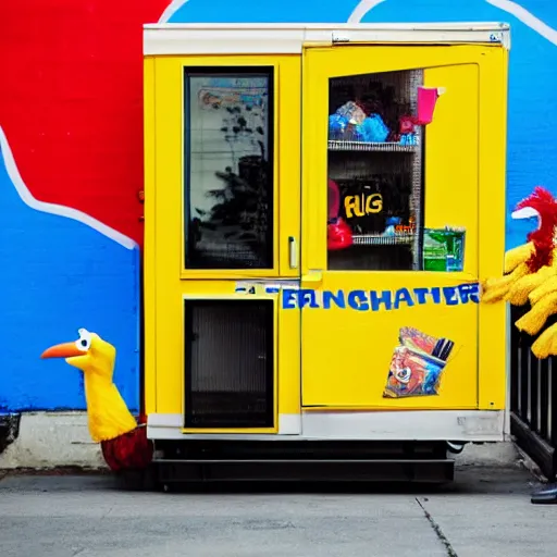 Prompt: big bird sesame street running from the police carrying a fridge