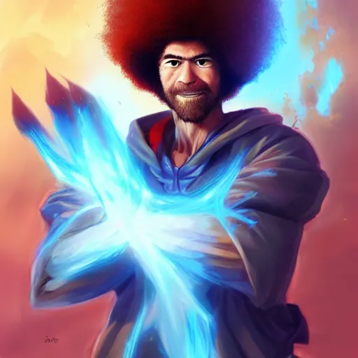 Prompt: anime portrait of Bob Ross as a shaman yedi using dark force to eliminate trump as an anime antagonist by Stanley Artgerm Lau, WLOP, Rossdraws, James Jean, Andrei Riabovitchev, Marc Simonetti, and Sakimichan, trending on artstation