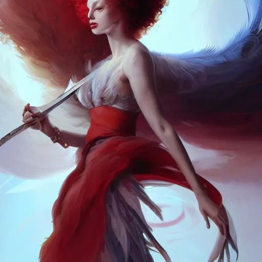 Prompt: a painting of a woman who made of curly white feathers which with red edges is holding a sword, a digital painting by peter mohrbacher, trending on artstation, metaphysical painting, speedpainting, made of feathers, digital painting, holographic undertones, highly saturated colors, 4 k, digital art, concept art, trending on artstation