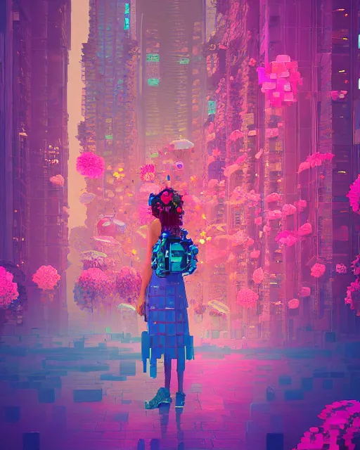 Prompt: a digital painting of a woman with flowers in her hair, cyberpunk art by beeple, behance contest winner, retrofuturism, voxel art, # pixelart, dystopian art